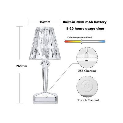 Acrylic Diamond USB Charging Touch LED Table Lamp White 26x15cm