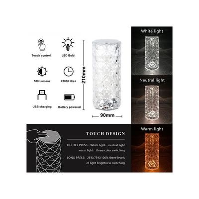 USB Touch Crystal Diamond Table Lamp With Three Colour Lighting White 21 x 9 x 9cm