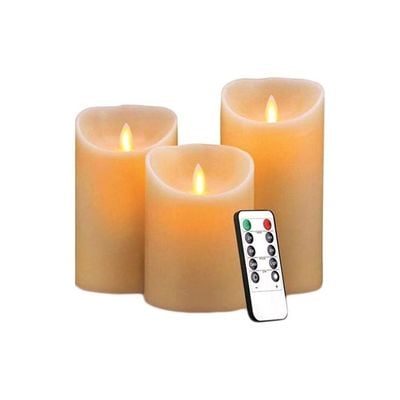 3-Piece Real Wax Flickering Wick Electric LED Candle Gift Sets With Remote Control Yellow