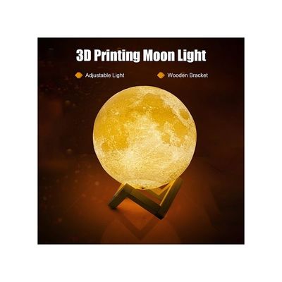 3D Printing Moon LED Night Lamp With Wooden Stand And Remote Control White 20Cm