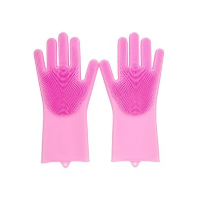 Silicone Dishwashing Gloves With Scrubber Pink 35.7x16.5x2centimeter