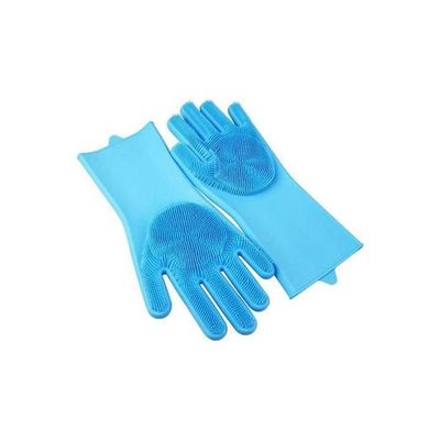 Gloves Reusable Silicone Brush Scrubber Gloves Heat Resistant For Kitchen Dishwashing Blue
