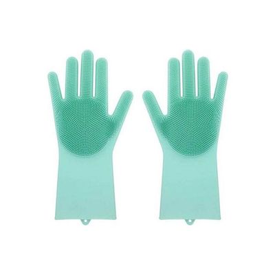 Magic Silicone Gloves With Wash Scrubber Heat Resistant For Cleaning, Household, Washing The Car, Washing Pets , Grilling Green