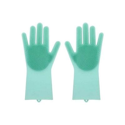 Magic Silicone Gloves With Wash Scrubber Heat Resistant For Cleaning, Household, Washing The Car, Washing Pets , Grilling Green