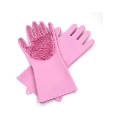 1 Pair Magic Silicone Rubber Dish Washing Gloves Eco-Friendly Scrubber Cleaning For Multipurpose Kitchen Bathroom Fucshia