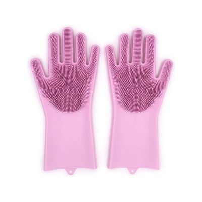 1 Pair Magic Silicone Rubber Dish Washing Gloves Eco-Friendly Scrubber Cleaning For Multipurpose Kitchen Bathroom Fucshia