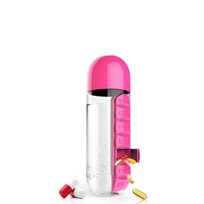 Water Bottle With Built-In Pill Box Pink 600ml