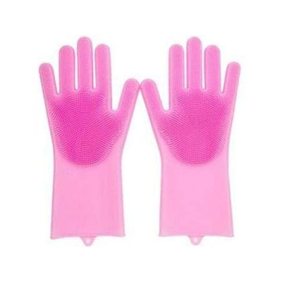 Silicone Gloves With Wash Scrubber Kitchen Cleaning Tool Pink