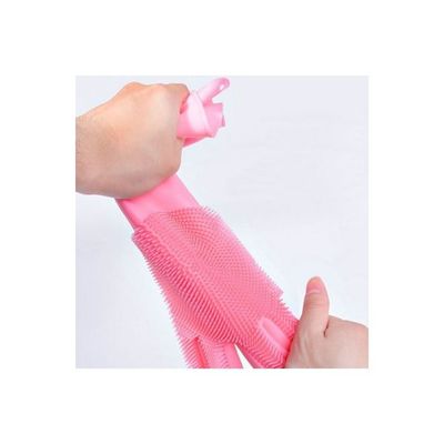 Pair Of 2 Magic Silicone Dish Washing Gloves Set Rose Red 16centimeter