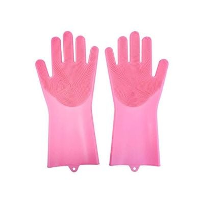 Pair Of 2 Magic Silicone Dish Washing Gloves Set Rose Red 16centimeter