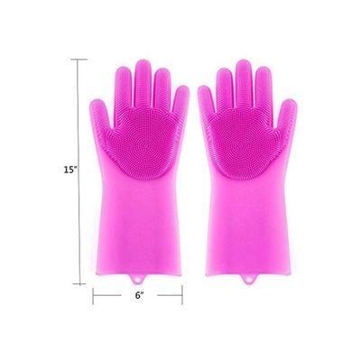 2-Piece Reusable Silicone Gloves With Wash Scrubber Rose Red 25x6inch