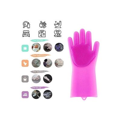 2-Piece Reusable Silicone Gloves With Wash Scrubber Rose Red 25x6inch