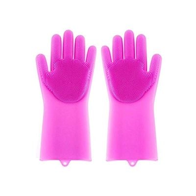 2-Piece Reusable Silicone Gloves With Wash Scrubber Rose Red 25x6inch