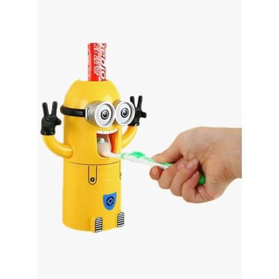 Minions Design Toothbrush Holder With Automatic Toothpaste Dispenser And Brush Cup Yellow 19x8x6.2centimeter