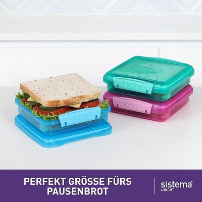 Sistema Lunch Sandwich Box, 450 Ml-Assorted Colours With Contrasting Clips, Pack Of 3