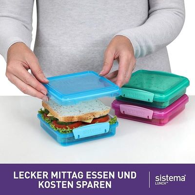 Sistema Lunch Sandwich Box, 450 Ml-Assorted Colours With Contrasting Clips, Pack Of 3