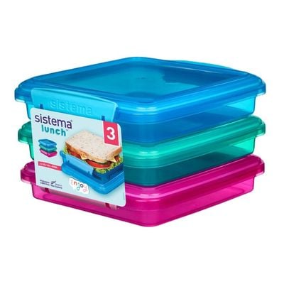 Sistema Lunch Boxes Coloured  3 Pack : Perfect for Sandwiches & On the Go Meals  450ml  BPA Free & Leakproof