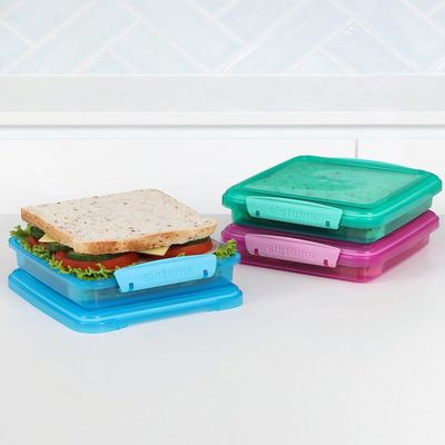 Sistema Lunch Boxes Coloured  3 Pack : Perfect for Sandwiches & On the Go Meals  450ml  BPA Free & Leakproof