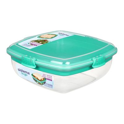 Sistema Salad plus Sandwich 1.63L ,Stackable & portable salad storage box, divided trays with easy locking clips. Its Microwave, Dishwasher Safe & BPA Free. Green Clip