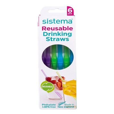 Sistema Reusable Drinking Straws, made with durable plastic, smart split straws for convenient storage, Dishwasher safe and Phthlate & BPA Free, 6 Pcs