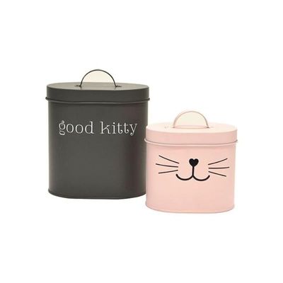 Barkley Evans Good Kitty Oval Metal Pet Canisters 2-Pieces - Matte Charcoal/Matte Blush Pink