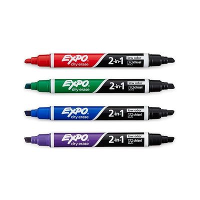 Expo 1944655 Dry Erase 2-In-1 Markers, Chisel Tip, Assorted, 4-Count,Assorted + Black