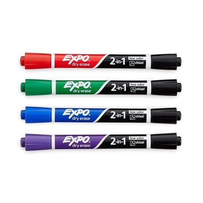 Expo 1944655 Dry Erase 2-In-1 Markers, Chisel Tip, Assorted, 4-Count,Assorted + Black