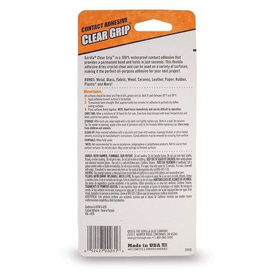 Gorilla Clear Grip Contact Adhesive, Waterproof, Pack of 1 (3 Oz) - Clear