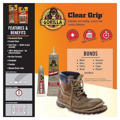 Gorilla Clear Grip Contact Adhesive, Waterproof, Pack of 1 (3 Oz) - Clear