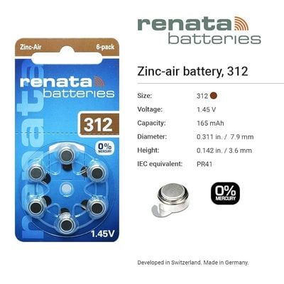 Renata Size 312 Hearing Aid Batteries 1.45Volt - 6 Pack