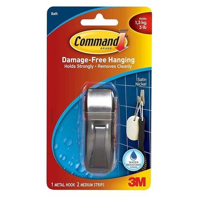 Command Mr02-Sn-B Metal Medium Bath Hook, Satin Nickle