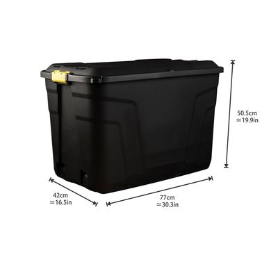 STRATA Made in UK, Heavy Duty Outdoor Storage Box with Lid and Wheels, Storage Trunk 110 Litres, 77L x 42W x 50.5H cm Black STR XW420 BLK/YEL EX