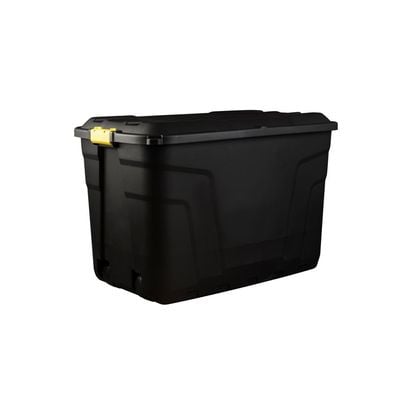 STRATA Made in UK, Heavy Duty Outdoor Storage Box with Lid and Wheels, Storage Trunk 110 Litres, 77L x 42W x 50.5H cm Black STR XW420 BLK/YEL EX