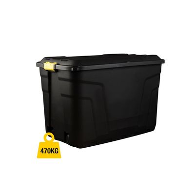 STRATA Made in UK, Heavy Duty Outdoor Storage Box with Lid and Wheels, Storage Trunk 110 Litres, 77L x 42W x 50.5H cm Black STR XW420 BLK/YEL EX
