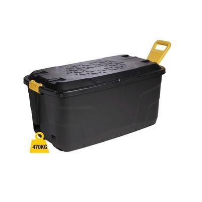 Strata, Made in UK, Heavy Duty Outdoor Storage Box with Lid, Wheels and Handle, Storage Trunk 110 Litres, 77L x 42W x 50.5H cm - Black-STR-XW438-BLK/YEL-EX