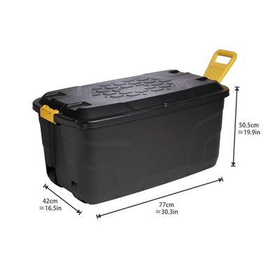 Strata, Made in UK, Heavy Duty Outdoor Storage Box with Lid, Wheels and Handle, Storage Trunk 110 Litres, 77L x 42W x 50.5H cm - Black-STR-XW438-BLK/YEL-EX