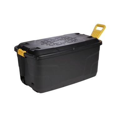 STRATA Made in UK, Heavy Duty Outdoor Storage Box with Lid, Wheels and Handle, Storage Trunk 145 Litres, 94L x 52W x 45H cm Black STR XW447 BLK/YEL EX