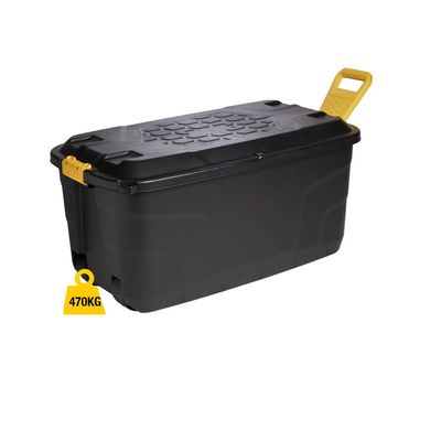 STRATA Made in UK, Heavy Duty Outdoor Storage Box with Lid, Wheels and Handle, Storage Trunk 145 Litres, 94L x 52W x 45H cm Black STR XW447 BLK/YEL EX