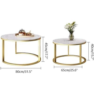 Modern Marble Nesting Coffee Tables With Metal Frame Legs, Set Of 2 - White