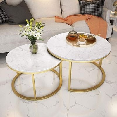 Modern Marble Nesting Coffee Tables With Metal Frame Legs, Set Of 2 - White