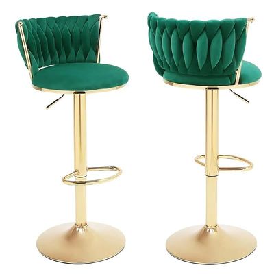 Angela Velvet 360 Rotating Adjustable Swivel Golden Metal High Bar Stool With Backrest - Green