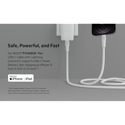Belkin Boostcharge Flex Silicone Usb Type C To Lightning Cable Mfi Certified 20W Fast Charging - White
