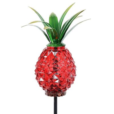 Exhart Solar And Pineapple Garden Stake - Glass, Metal, Red