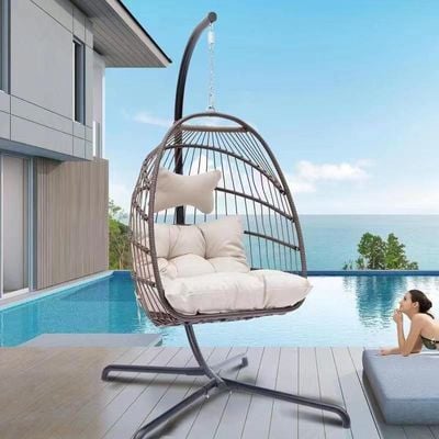 Modern Hanging Swing Chair With Stand Contemporary Plush Cushion Eco-Friendly Indoor Outdoor Furniture Brown