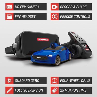 Kobotix Real Racer - 1/28 App Remote Control Car With HD First Person View Video Feed, Controller And Headset - Blue