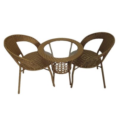 Patio Rattan 1+2 Rattan for Dinning Table Set with Wicker Glass Top Modern Coffee Table Waterproof Set Chairs Outdoor & Indoor area| Dining Room| Kitchen| Coffee shop| Home Garden | Color GOLD
