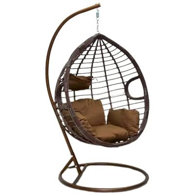 Hanging Egg Indoor Outdoor Patio Wicker Rattan Swing Chair with UV Resistant Random Washable Cushions &amp; Iron Frame for Garden, Living Room &amp; Backyard - Brown