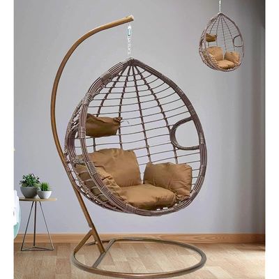 Hanging Egg Indoor Outdoor Patio Wicker Rattan Swing Chair with UV Resistant Random Washable Cushions &amp; Iron Frame for Garden, Living Room &amp; Backyard - Brown