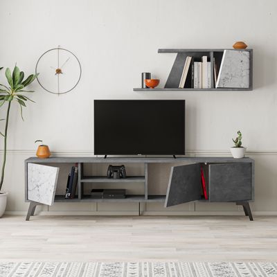 Mourah Fiona Tv Unit Up To 70 Inches With Storage - Retro Grey/White Marble - 2 Years Warranty