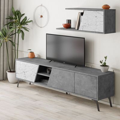 Mourah Fiona Tv Unit Up To 70 Inches With Storage - Retro Grey/White Marble - 2 Years Warranty